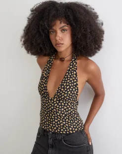 Marsina Halterneck Top in Ditsy Floral Bronze