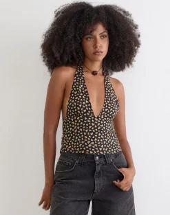 Marsina Halterneck Top in Ditsy Floral Bronze