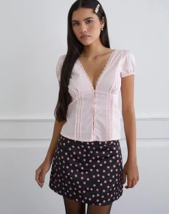 Maula Mini Skirt in Black Satin Scattered with Pink Polka