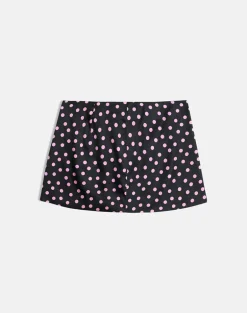 Maula Mini Skirt in Black Satin Scattered with Pink Polka