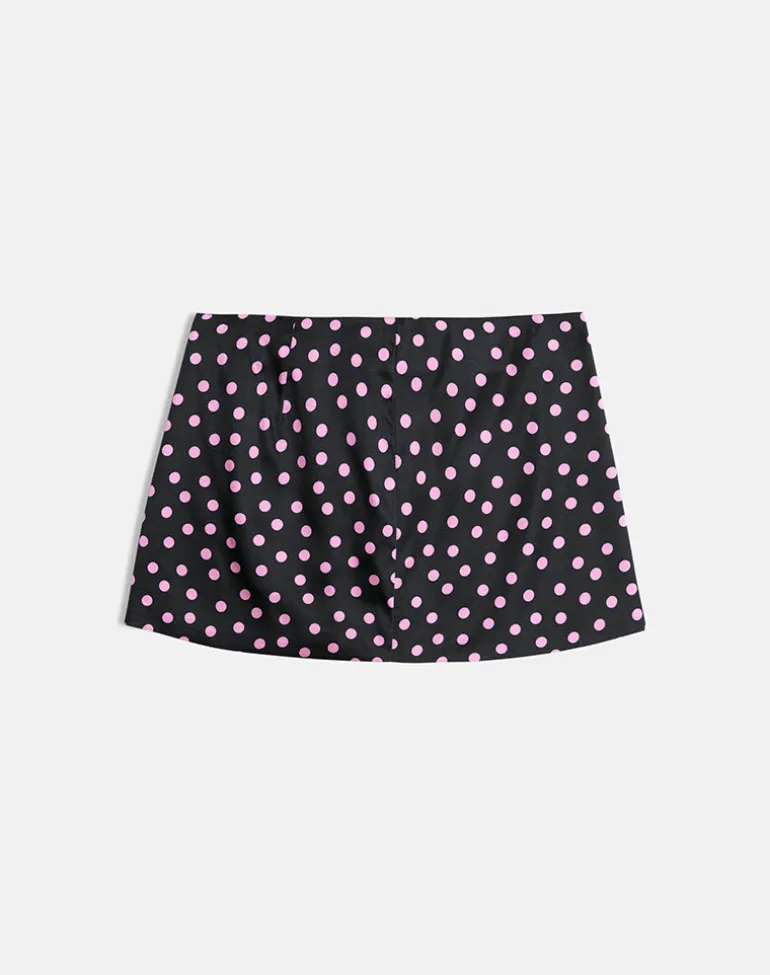 Maula Mini Skirt in Black Satin Scattered with Pink Polka