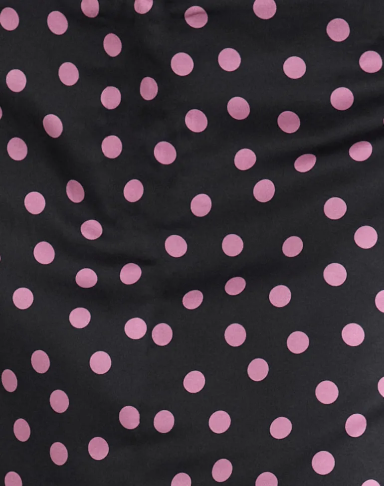 Maula Mini Skirt in Black Satin Scattered with Pink Polka