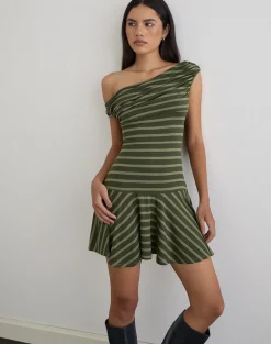 Mausari Mini Dress in Wide Stripe Green