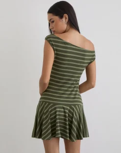 Mausari Mini Dress in Wide Stripe Green
