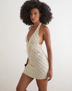 Mayeira Halterneck Mini Dress in Tilt Lines Beige
