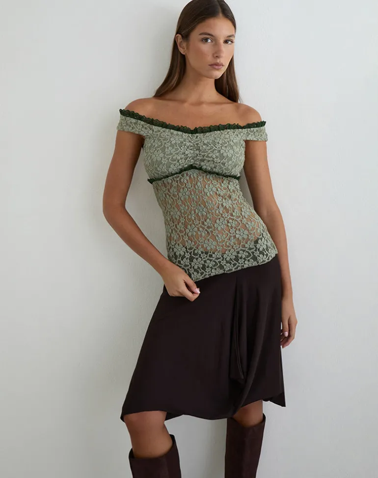 Mayu Top with Ruffle Trim in Lace Sage Green