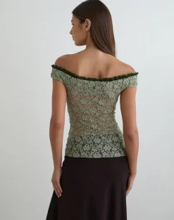 Mayu Top with Ruffle Trim in Lace Sage Green