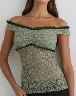 Mayu Top with Ruffle Trim in Lace Sage Green