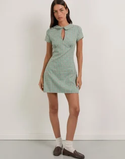 Medora Keyhole Mini Dress in Teal Check