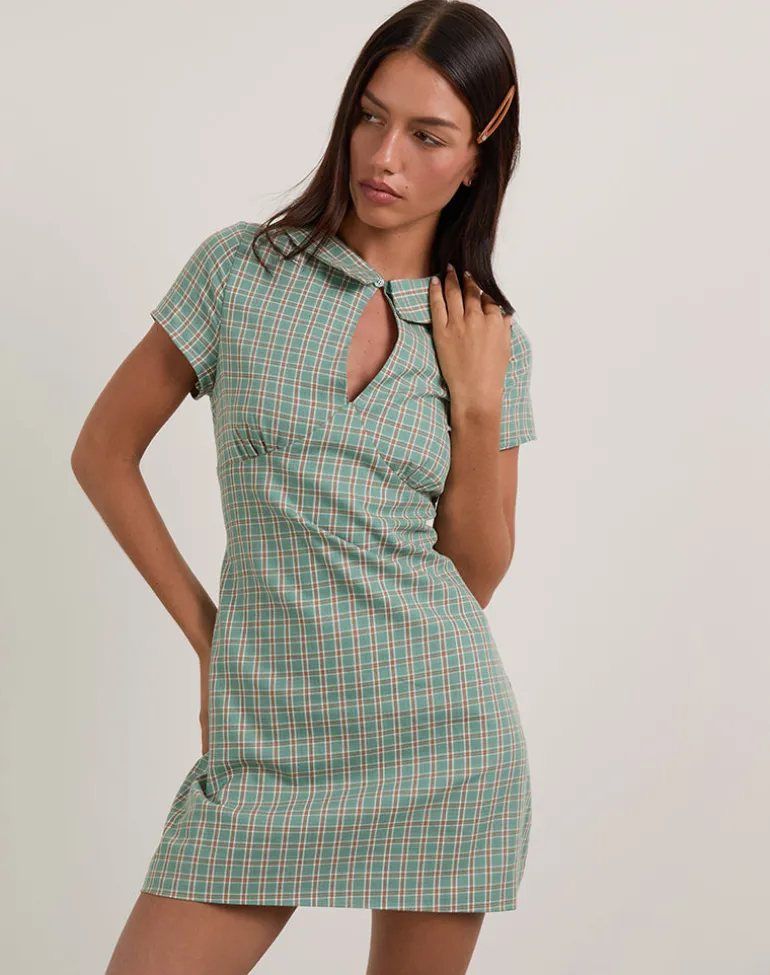 Medora Keyhole Mini Dress in Teal Check