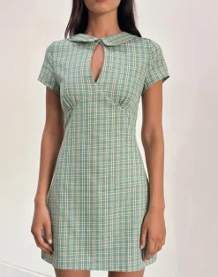 Medora Keyhole Mini Dress in Teal Check