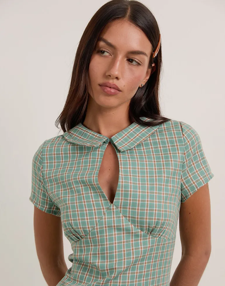 Medora Keyhole Mini Dress in Teal Check
