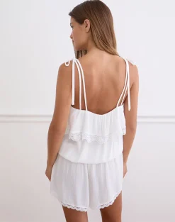 Melosa Tie Strap Playsuit in Rayon White with Lace Trim