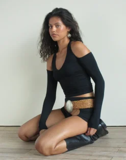 Melton Long Sleeve Halter Top in Rayon Jersey Black