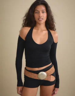 Melton Long Sleeve Halter Top in Rayon Jersey Black
