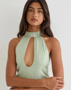 Memayu Halterneck Top in Shimmer Chiffon Olive