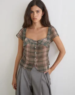 Meraki Blouse Top in Brown and Pink Blurry Check