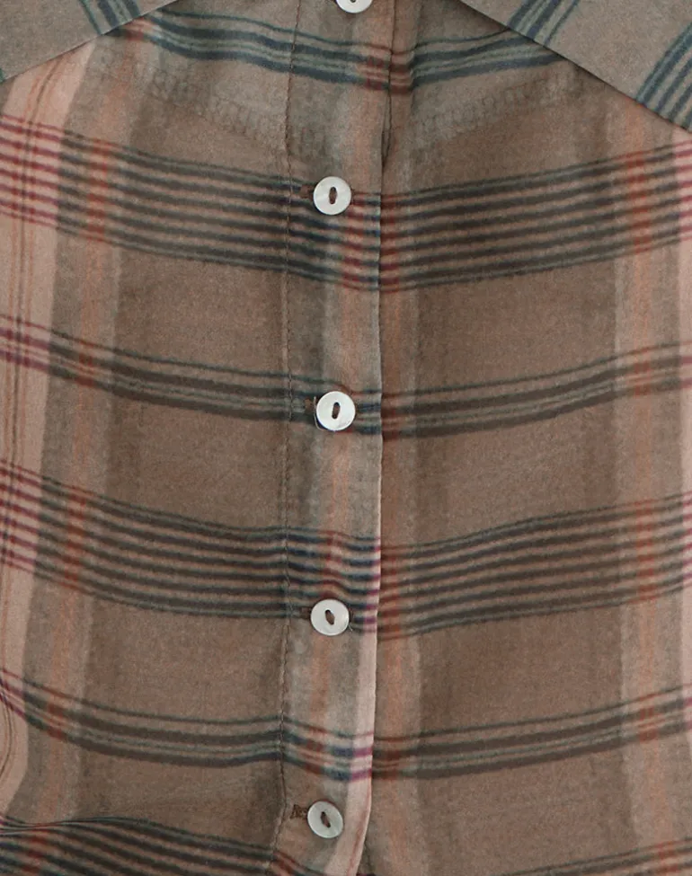 Meraki Blouse Top in Brown and Pink Blurry Check