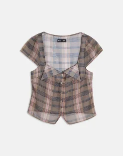 Meraki Blouse Top in Brown and Pink Blurry Check