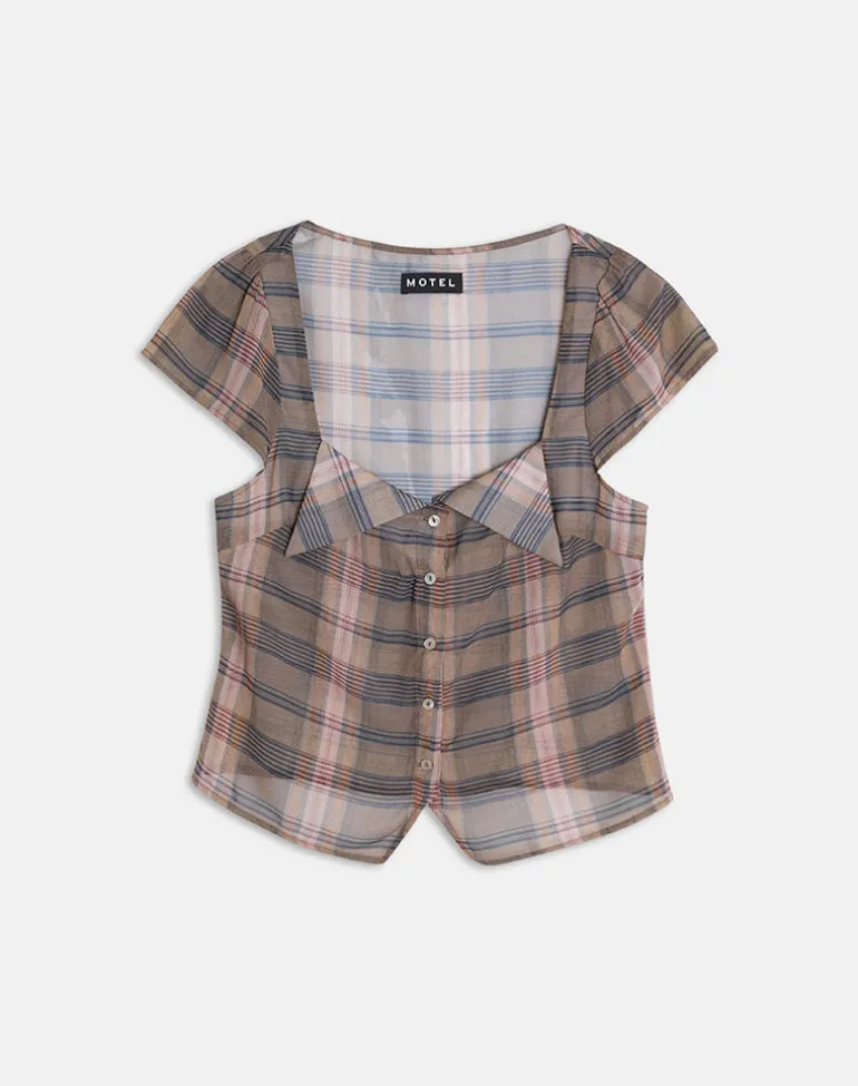 Meraki Blouse Top in Brown and Pink Blurry Check