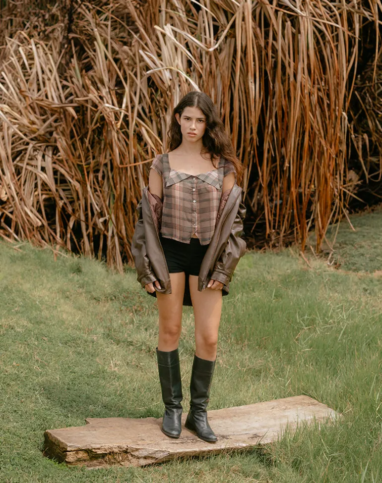 Meraki Blouse Top in Brown and Pink Blurry Check