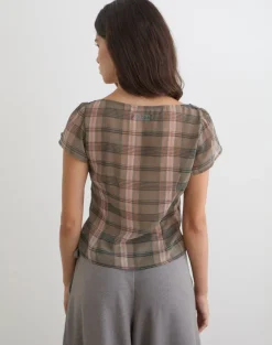 Meraki Blouse Top in Brown and Pink Blurry Check