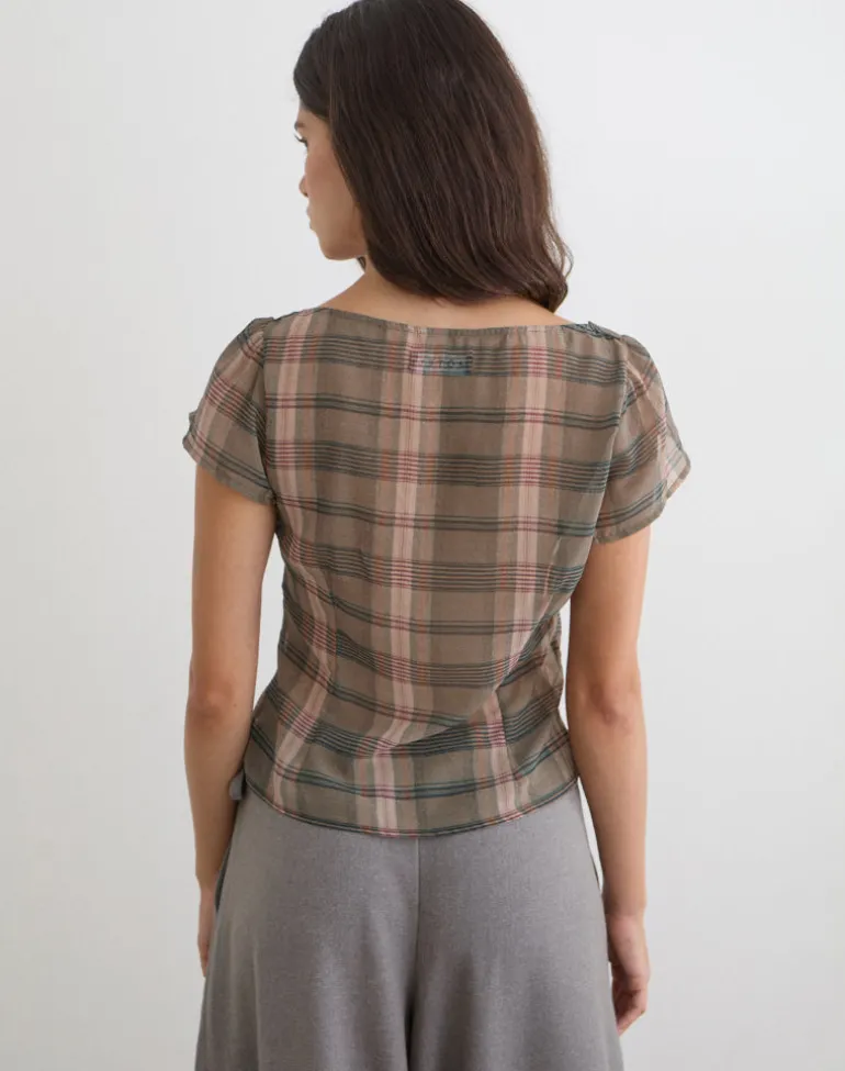 Meraki Blouse Top in Brown and Pink Blurry Check