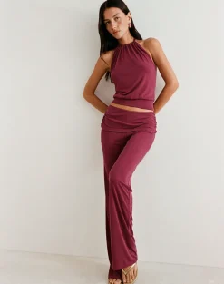 Miasa Backless Halterneck Top in Cupro Burgundy