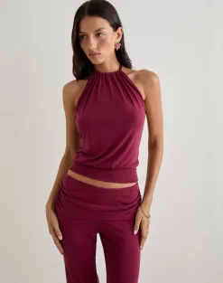 Miasa Backless Halterneck Top in Cupro Burgundy