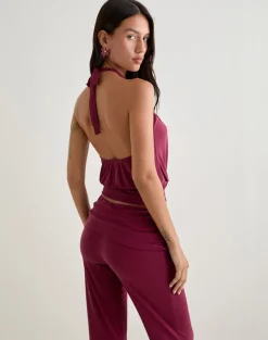 Miasa Backless Halterneck Top in Cupro Burgundy