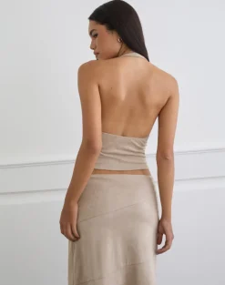 Miella Tie Front Top in Suede Light Taupe with Eyelets