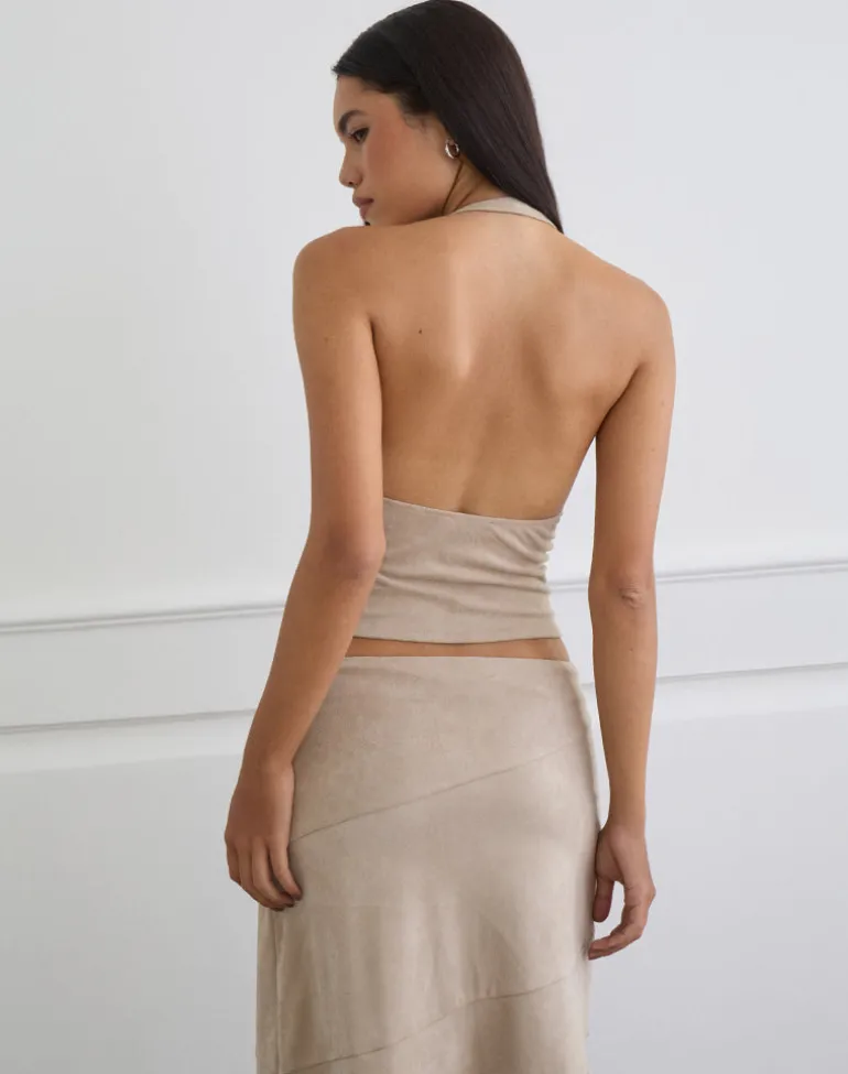 Miella Tie Front Top in Suede Light Taupe with Eyelets