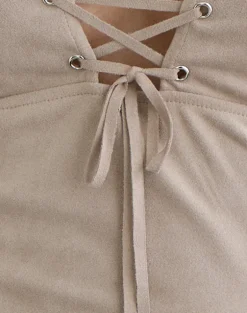 Miella Tie Front Top in Suede Light Taupe with Eyelets