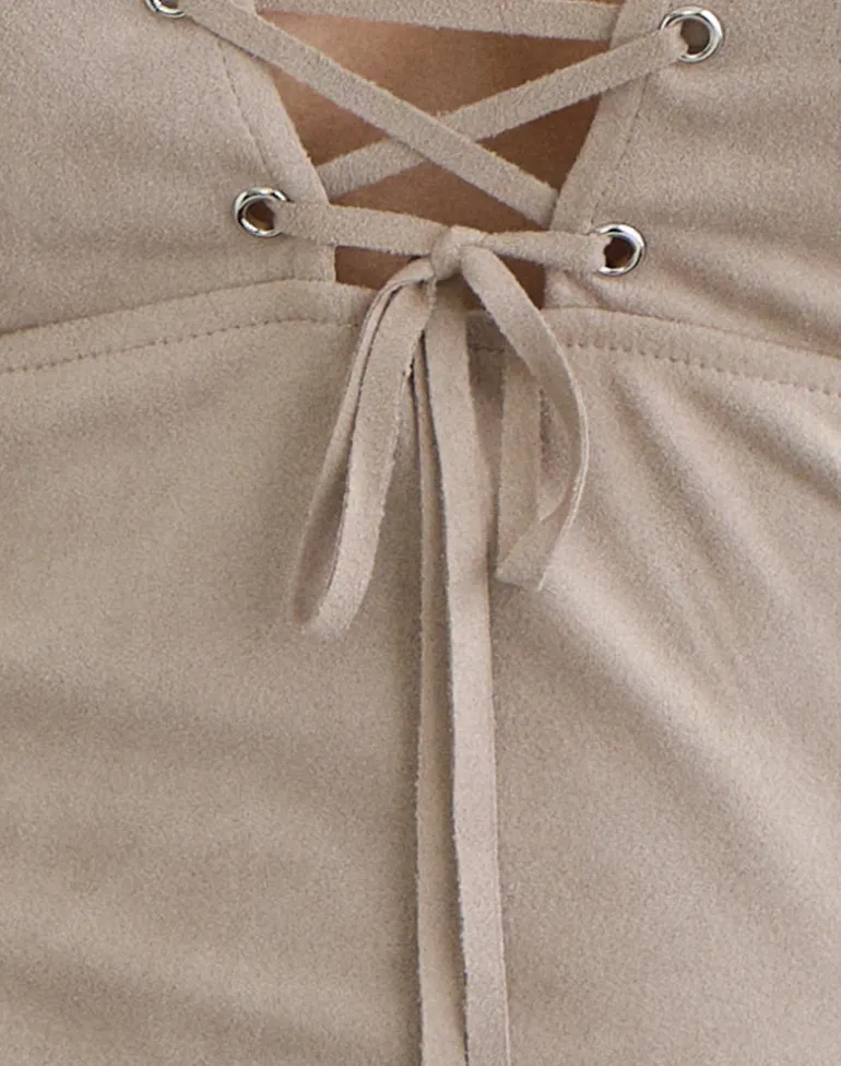 Miella Tie Front Top in Suede Light Taupe with Eyelets