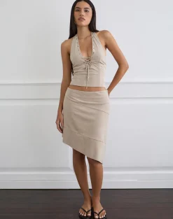 Miella Tie Front Top in Suede Light Taupe with Eyelets
