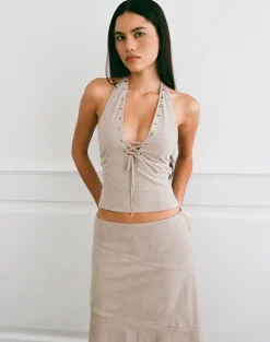 Miella Tie Front Top in Suede Light Taupe with Eyelets