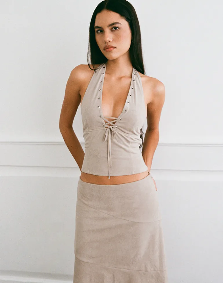 Miella Tie Front Top in Suede Light Taupe with Eyelets