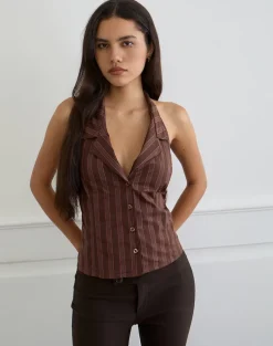 Mikanu Button Down Blouse in Stripe Brown