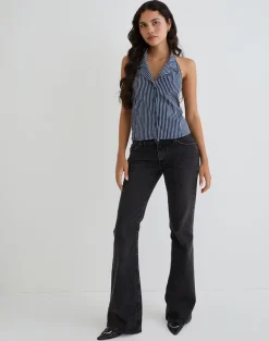 Mikanu Halterneck Blouse in Pinstripe Navy