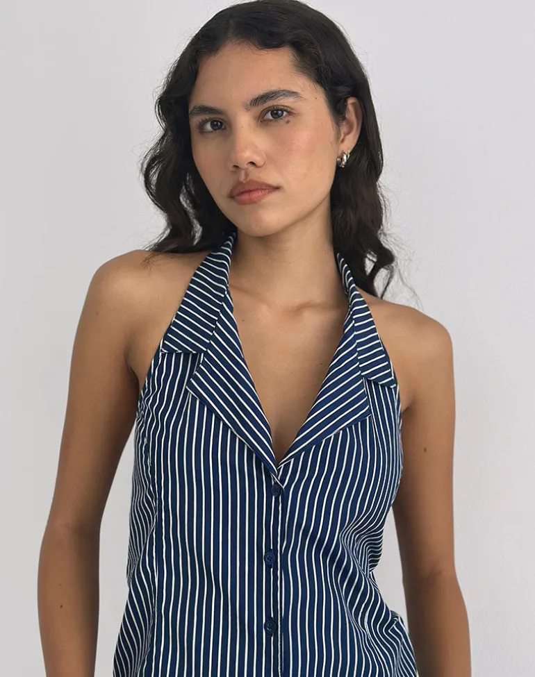 Mikanu Halterneck Blouse in Pinstripe Navy