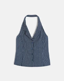 Mikanu Halterneck Blouse in Pinstripe Navy