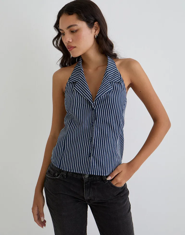 Mikanu Halterneck Blouse in Pinstripe Navy