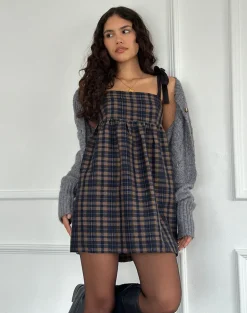 Mikayla Square Neck Mini Dress in Navy and Mustard Check