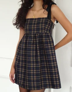 Mikayla Square Neck Mini Dress in Navy and Mustard Check