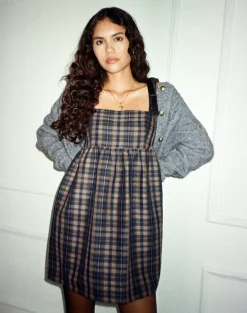 Mikayla Square Neck Mini Dress in Navy and Mustard Check