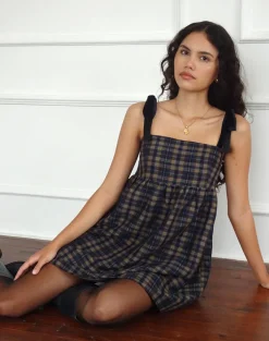 Mikayla Square Neck Mini Dress in Navy and Mustard Check