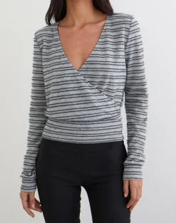 Milzie Wrap Top in Horizontal Stripe Knit Grey and Black