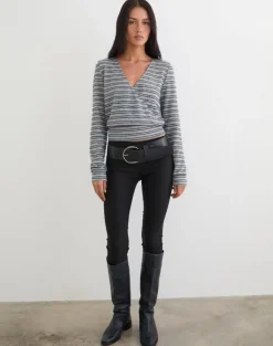 Milzie Wrap Top in Horizontal Stripe Knit Grey and Black