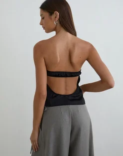 Minae Bandeau Top with Lace Trim in Satin Black