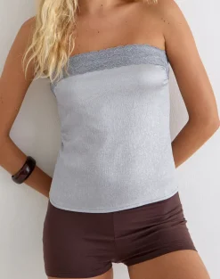 Minae Bandeau Top with Lace Trim in Satin Silver Shimmer